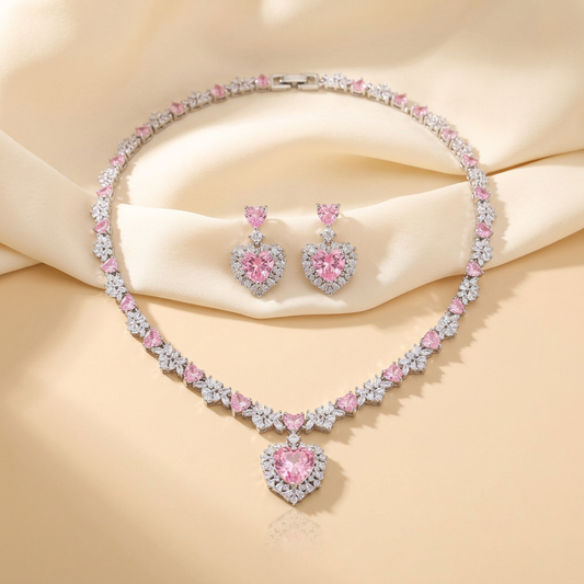 Heart-shaped pendant necklace paved with pink and white cubic zirconia in silver-plated brass, with earrings