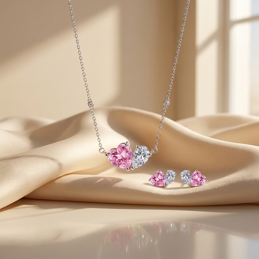 Pink cubic zirconia heart pendant necklace with matching stud earrings in rhodium-plated sterling silver