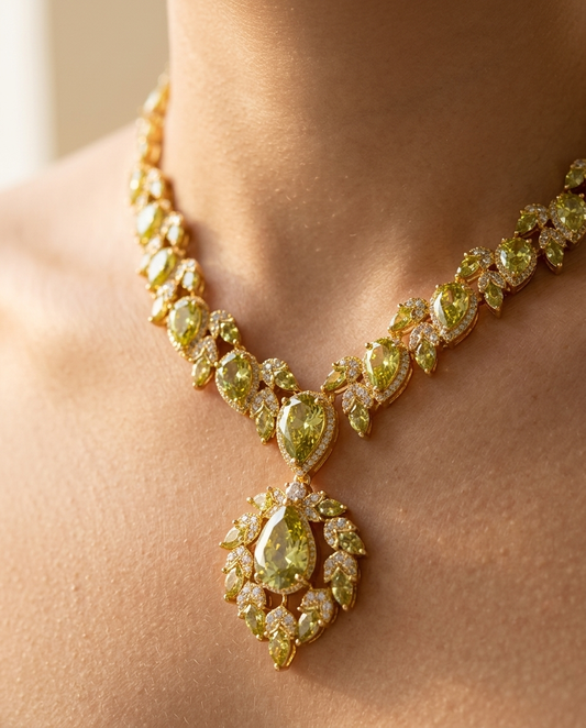 Olive Zircon Bib Necklace Set macro detail