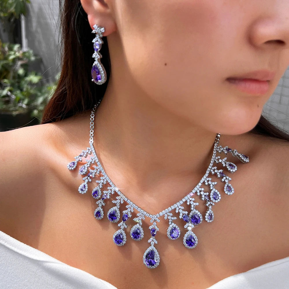 Gorgeous Long Tassel Necklace and Earrings CZ Zirconia Wedding Bridal Party Engagement Luxury Big Purple Jewelry Set for Women