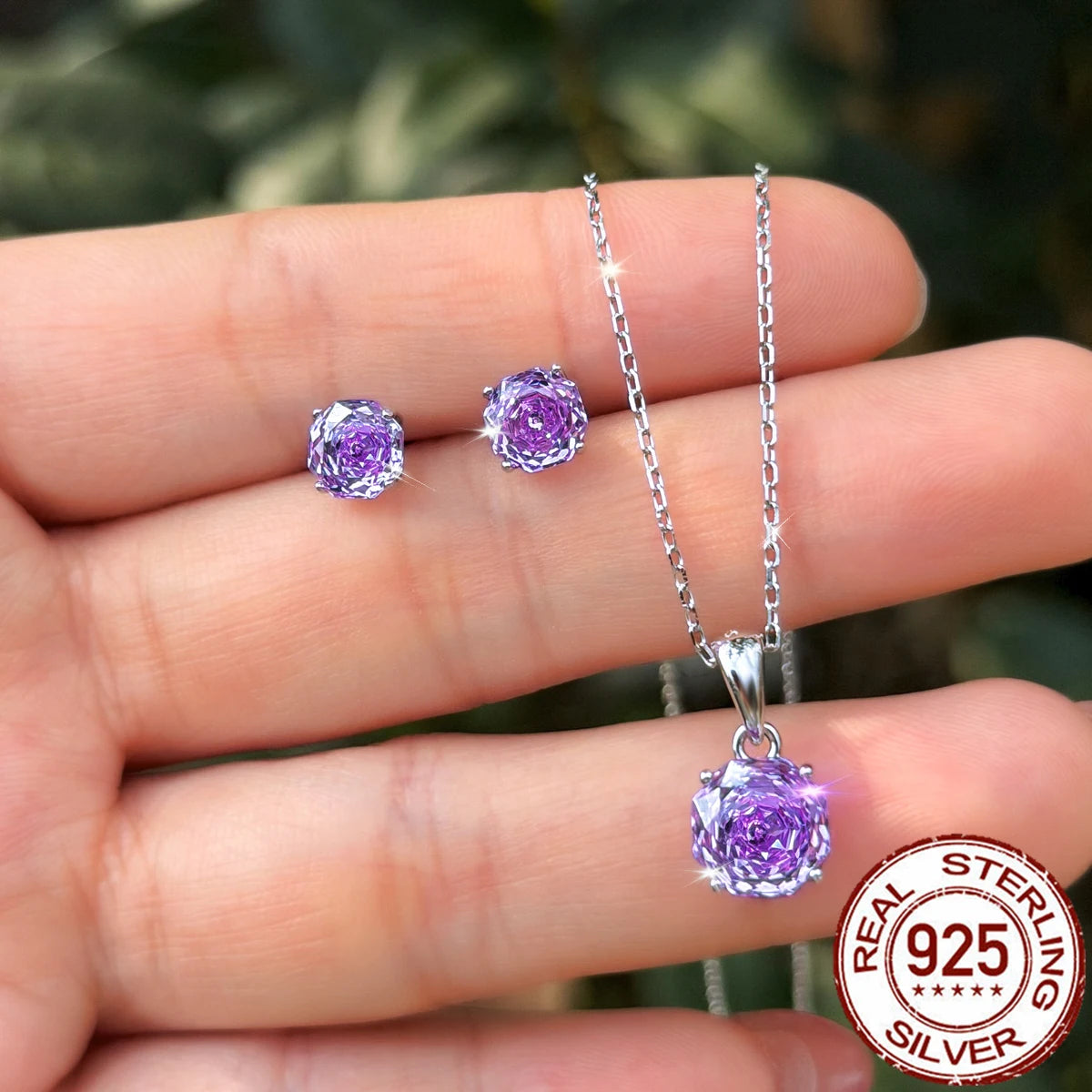 CZ Pendant Earrings Purple Zircon Round Rose Flower Cut Necklace Earrings for Girl Daily Wear 925 Sterling Silver Jewelry Set