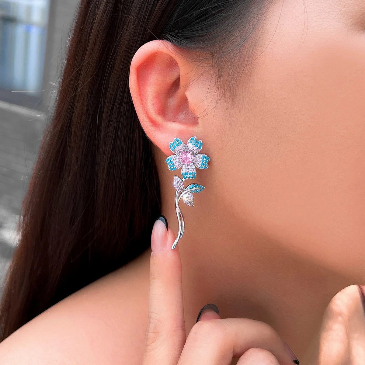 Classy CZ Pink Heart Earrings Turquoise Flower Rhodium Plated Cubic Zircon Dangle Drop Earrings for Women Brides Wedding Jewelry