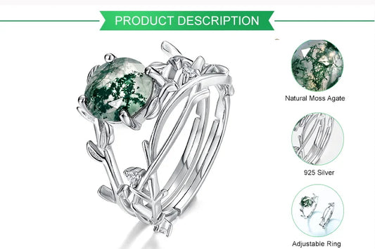 Twig Branch Moss Agate Adjustable Ring — round faceted natural moss agate twig ring in sterling silver, view 2 of 4