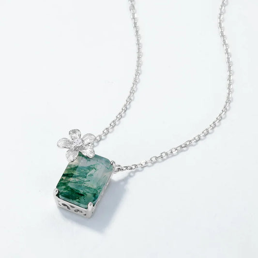 Flower Accent Moss Agate Pendant Necklace — rectangular-cut natural moss agate with flower accent in sterling silver, view 2 of 5