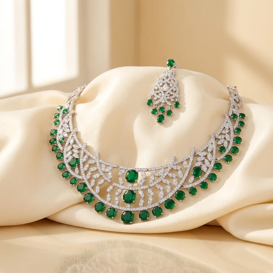 Collar statement necklace set with white and emerald-green cubic zirconia in silver-plated brass