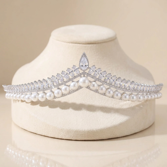 Bridal tiara with marquise-cut cubic zirconia and imitation pearls in a peaked crown, rhodium plated