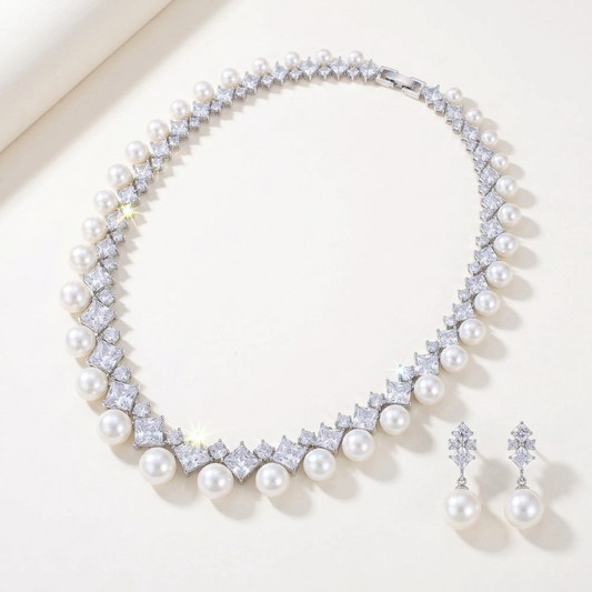 Pearl & Princess Cut Statement Necklace & Earring Set - flatlay