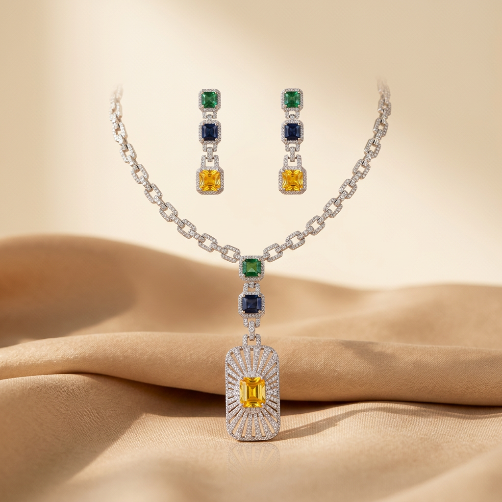 Cubic zirconia shield pendant on a chunky Cuban link chain with matching earrings in silver-plated brass