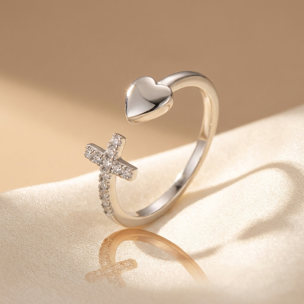 Slender open band ring with a cubic zirconia cross and heart in rhodium-plated sterling silver