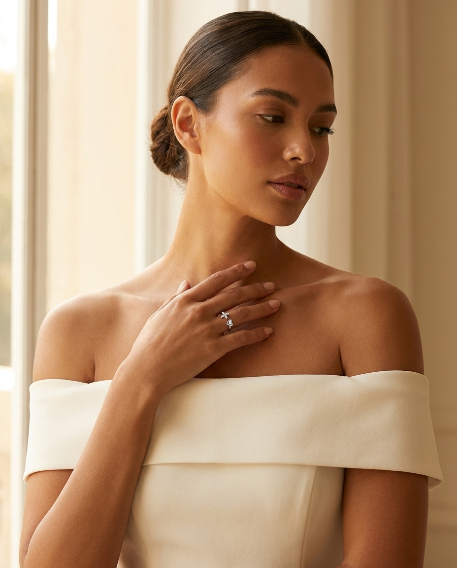 Model wearing the Cross & Heart Thin Ring, cubic zirconia in rhodium-plated sterling silver