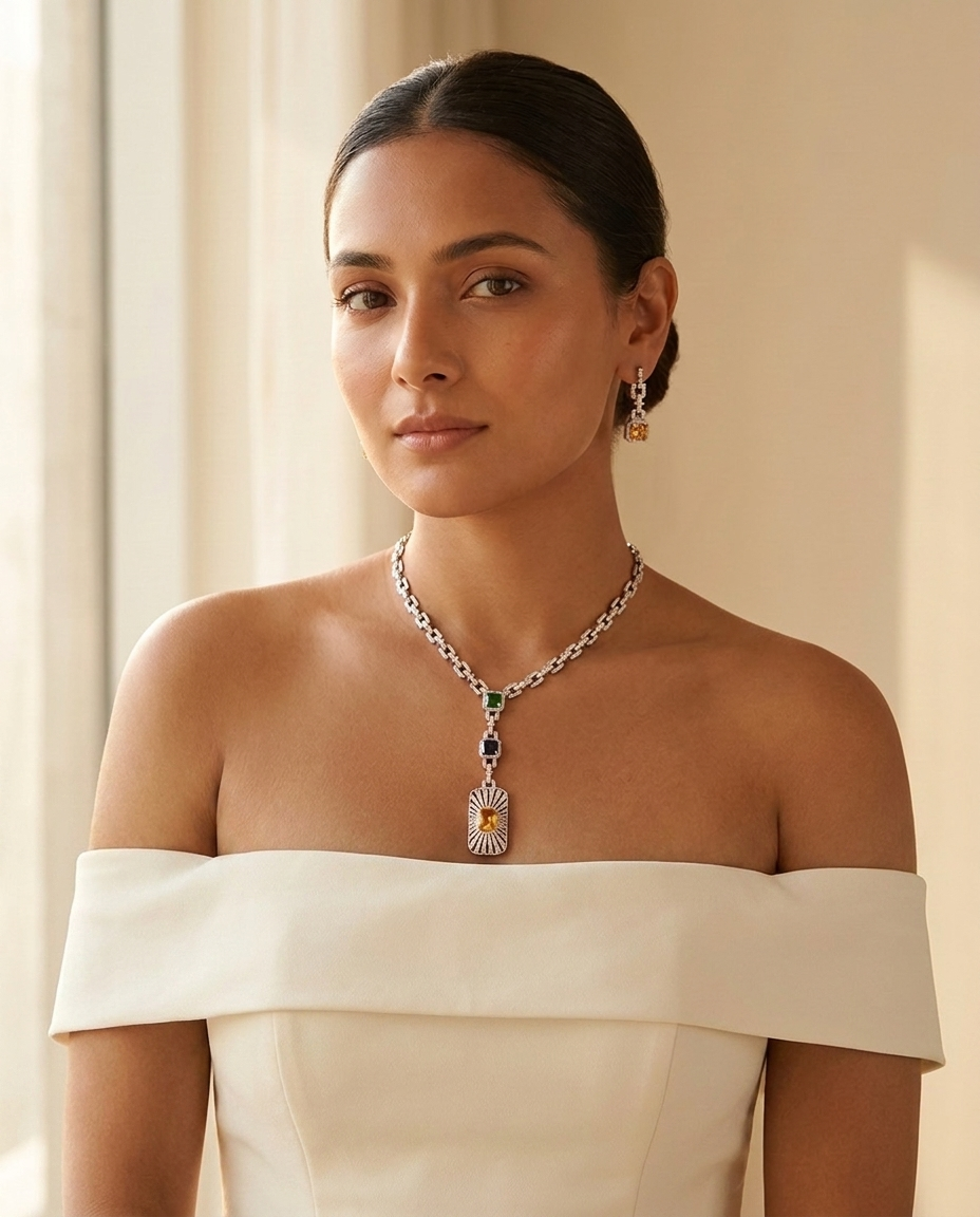 Model wearing the Shield Pendant Cuban Chain Set, cubic zirconia in silver-plated brass