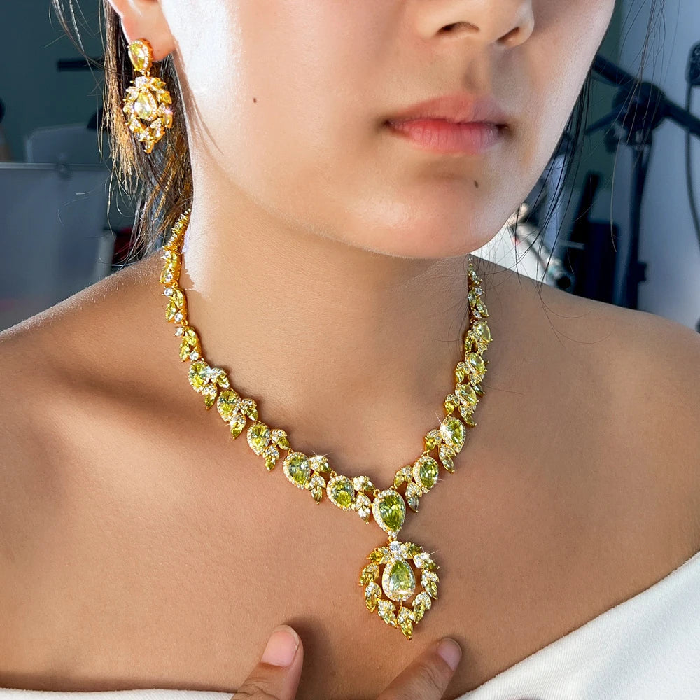 Glamorous Super Luxury Gold Plated Olive Yellow Cubic Zirconia Jewelry Set for Women Engagement Wedding Banquet Party