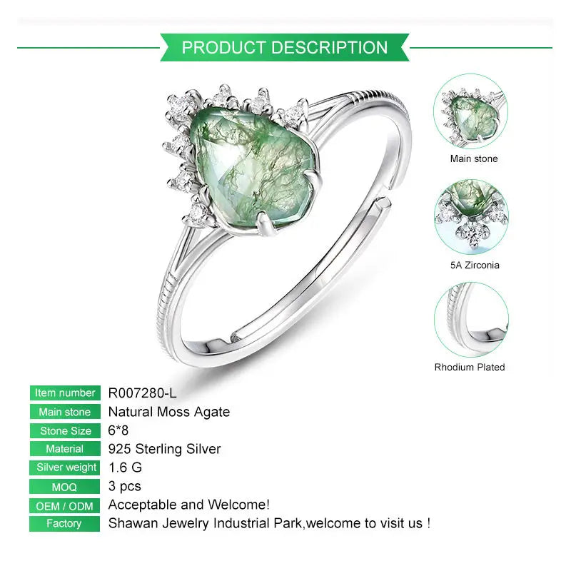 Cabochon Moss Agate Adjustable Ring — cabochon natural moss agate adjustable ring in rhodium-plated sterling silver, view 4 of 4