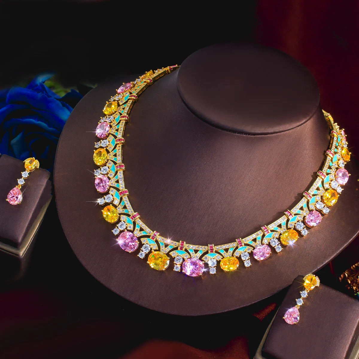 Trendy Necklace Earrings Yellow Pink CZ Oval Green Enamel Necklace Earrings for Women Party With Golden Plated Jewelry Set