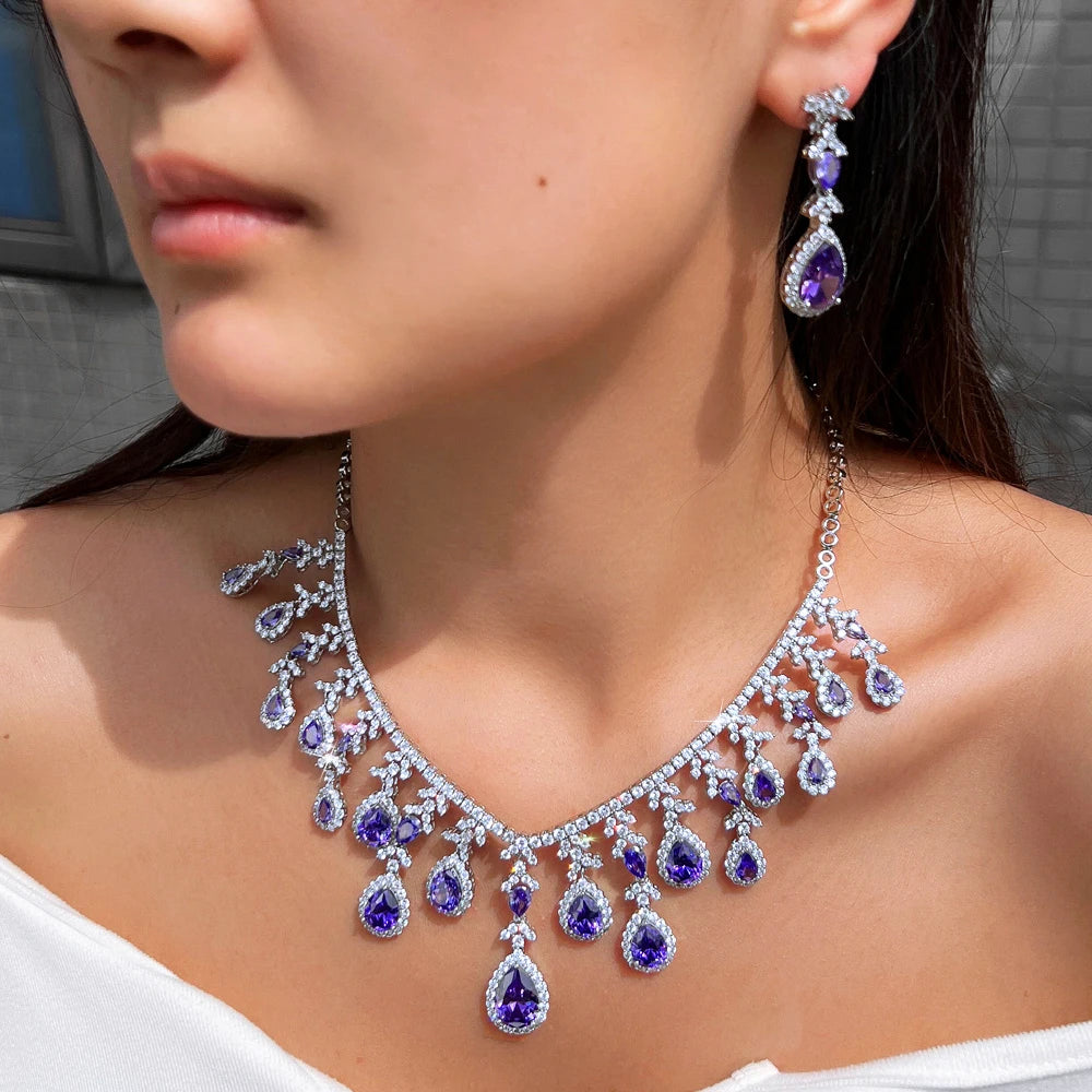Gorgeous Long Tassel Necklace and Earrings CZ Zirconia Wedding Bridal Party Engagement Luxury Big Purple Jewelry Set for Women