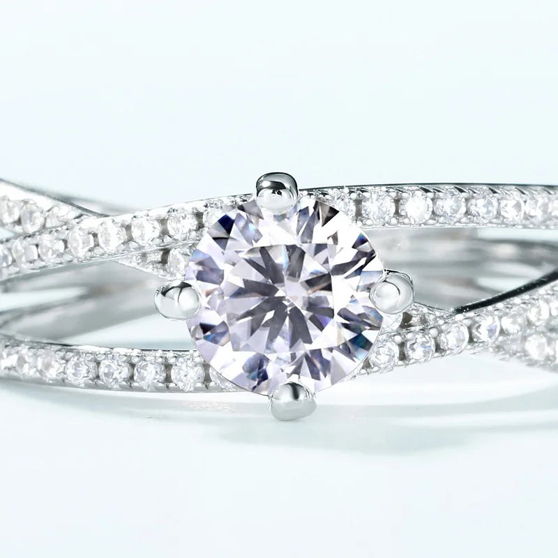 Crossover Twist Moissanite Solitaire Ring — round brilliant moissanite crossover ring in rhodium-plated sterling silver, view 5 of 5