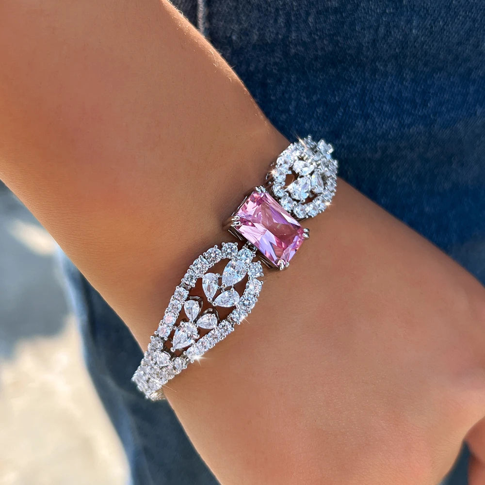 Trendy Rhodium Plated Cubic Zirconia Bracelet CZ Pink Baguette Shaped Crystal Drop Bracelet for Women Brides Wedding Jewelry