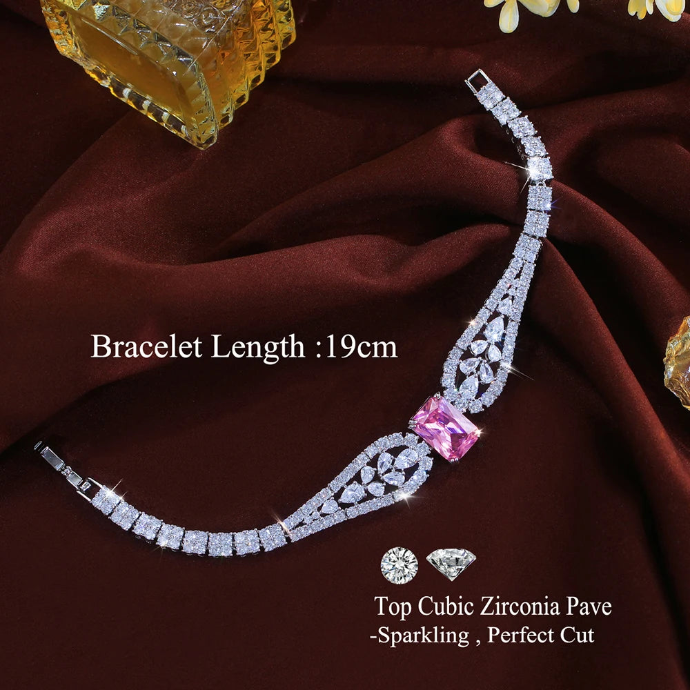 Trendy Rhodium Plated Cubic Zirconia Bracelet CZ Pink Baguette Shaped Crystal Drop Bracelet for Women Brides Wedding Jewelry