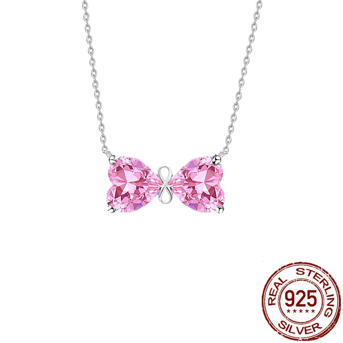 Solid 925 Sterling Silver Jewelry Lovely Pink Heart Cubic Zirconia Bow Pendant Necklace Jewelry for Women Birthday Dating Gifts