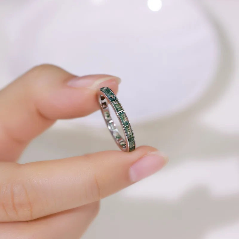Moss Agate Eternity Band Ring — channel-set baguette-cut natural green moss agate in sterling silver, view 6 of 6