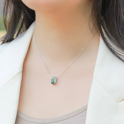 Flower Accent Moss Agate Pendant Necklace — rectangular-cut natural moss agate with flower accent in sterling silver, view 5 of 5