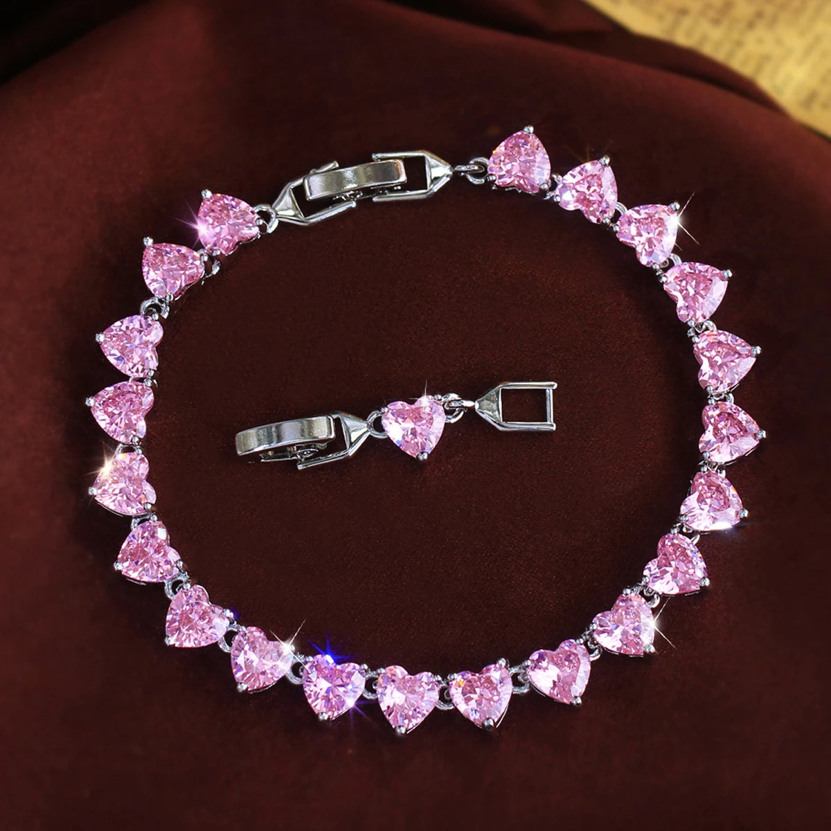 Rhodium Plated Pink CZ Tennis Chain Link Bracelet Zircon Love Heart Shaped Bracelet for Women Girl Party Fashion Beauty Gift