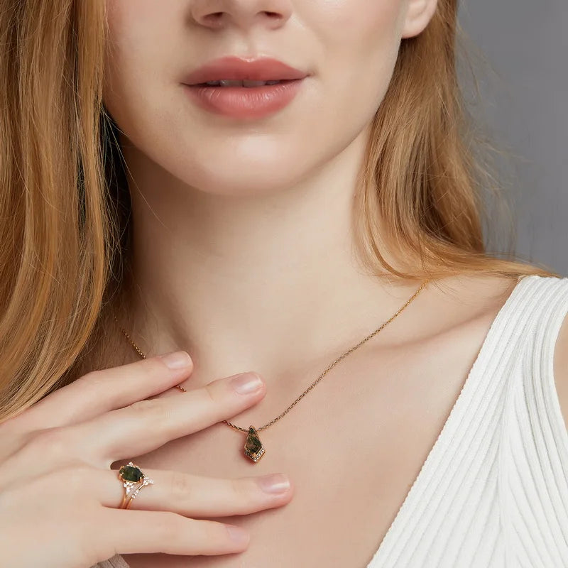 Woodland Kite Moss Agate Pendant Necklace — kite-cut natural green moss agate pendant in gold-plated sterling silver, view 6 of 6