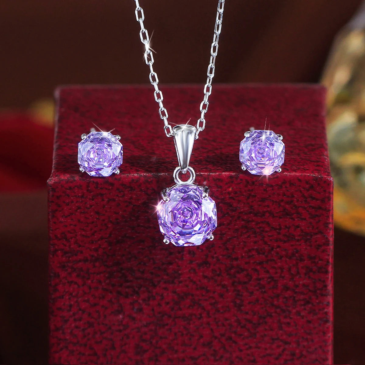 CZ Pendant Earrings Purple Zircon Round Rose Flower Cut Necklace Earrings for Girl Daily Wear 925 Sterling Silver Jewelry Set