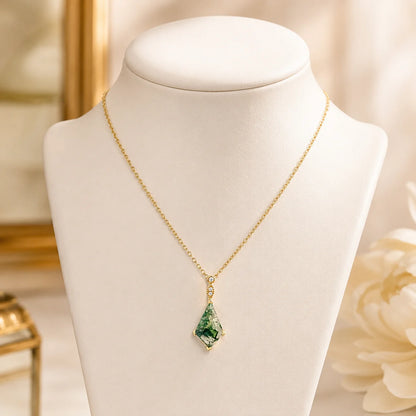 Faceted Kite Moss Agate Gold Necklace — faceted kite-cut natural moss agate in 10K gold-plated sterling silver, view 2 of 6