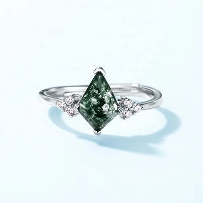 Dainty Silver Moss Agate Adjustable Ring — claw-set kite-cut green moss agate adjustable ring in sterling silver, view 3 of 5