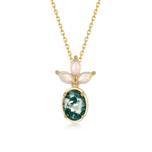 Oval Moss Agate Opal Pendant Necklace — oval-cut natural moss agate with opal accent in gold-plated sterling silver