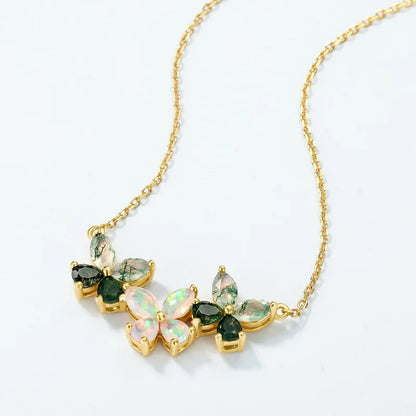 Trio Butterfly Moss Agate Opal Necklace — marquise-cut natural moss agate and opal butterfly pendant in gold-plated sterling silver, view 3 of 5