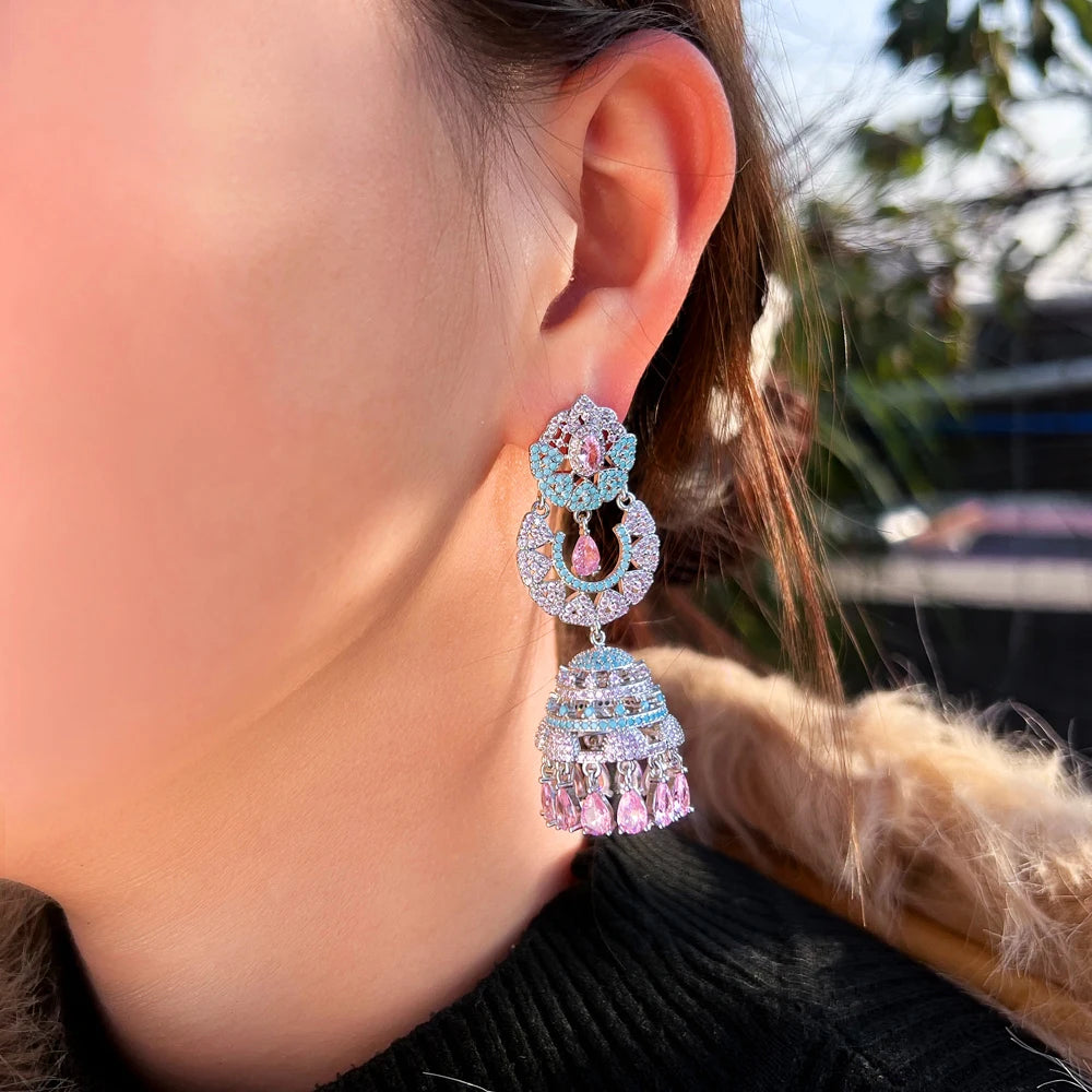 Shiny Pink Blue Jewelry Cubic Zirconia Synthetic Turquoise Long Bell Shape Dangle Drop Earrings for Women Wedding Party Jewelry