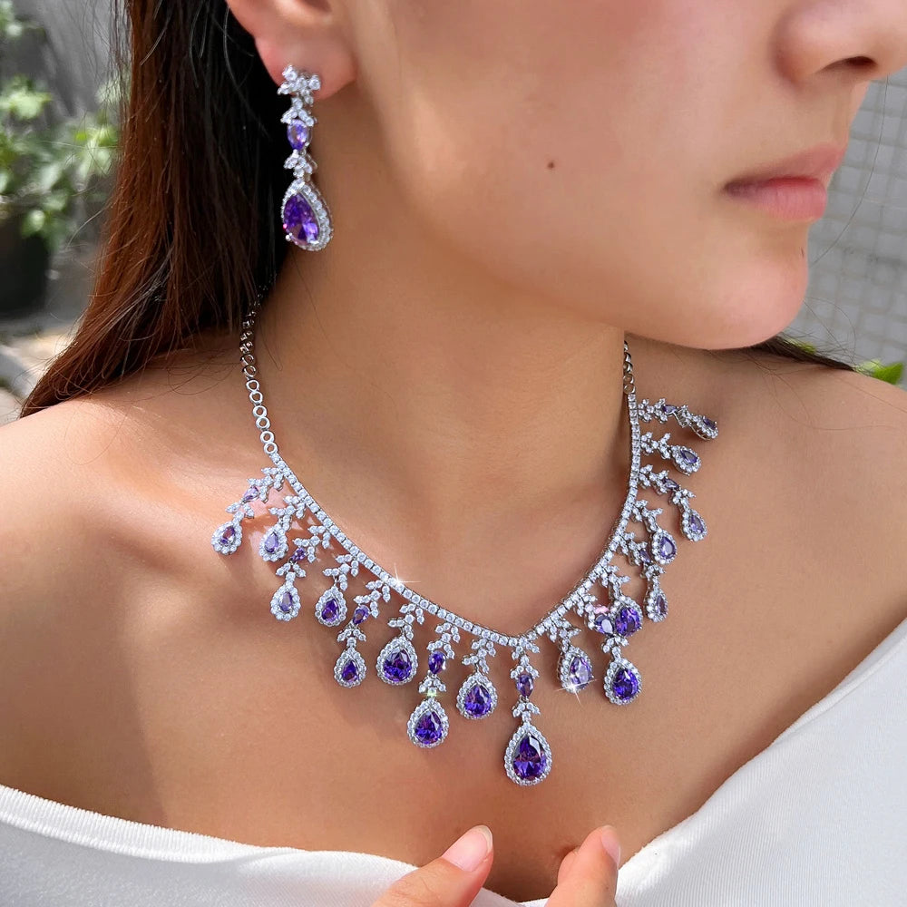 Gorgeous Long Tassel Necklace and Earrings CZ Zirconia Wedding Bridal Party Engagement Luxury Big Purple Jewelry Set for Women
