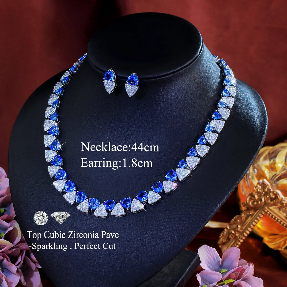Luxury Unique Shiny Blue Synthetic Tanzanite Stone and White Zirconia Triangle Shape Bridal Wedding Party Jewelry Set for Women