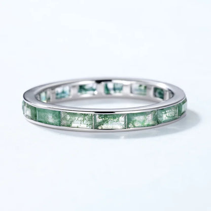 Moss Agate Eternity Band Ring — channel-set baguette-cut natural green moss agate in sterling silver, view 2 of 6