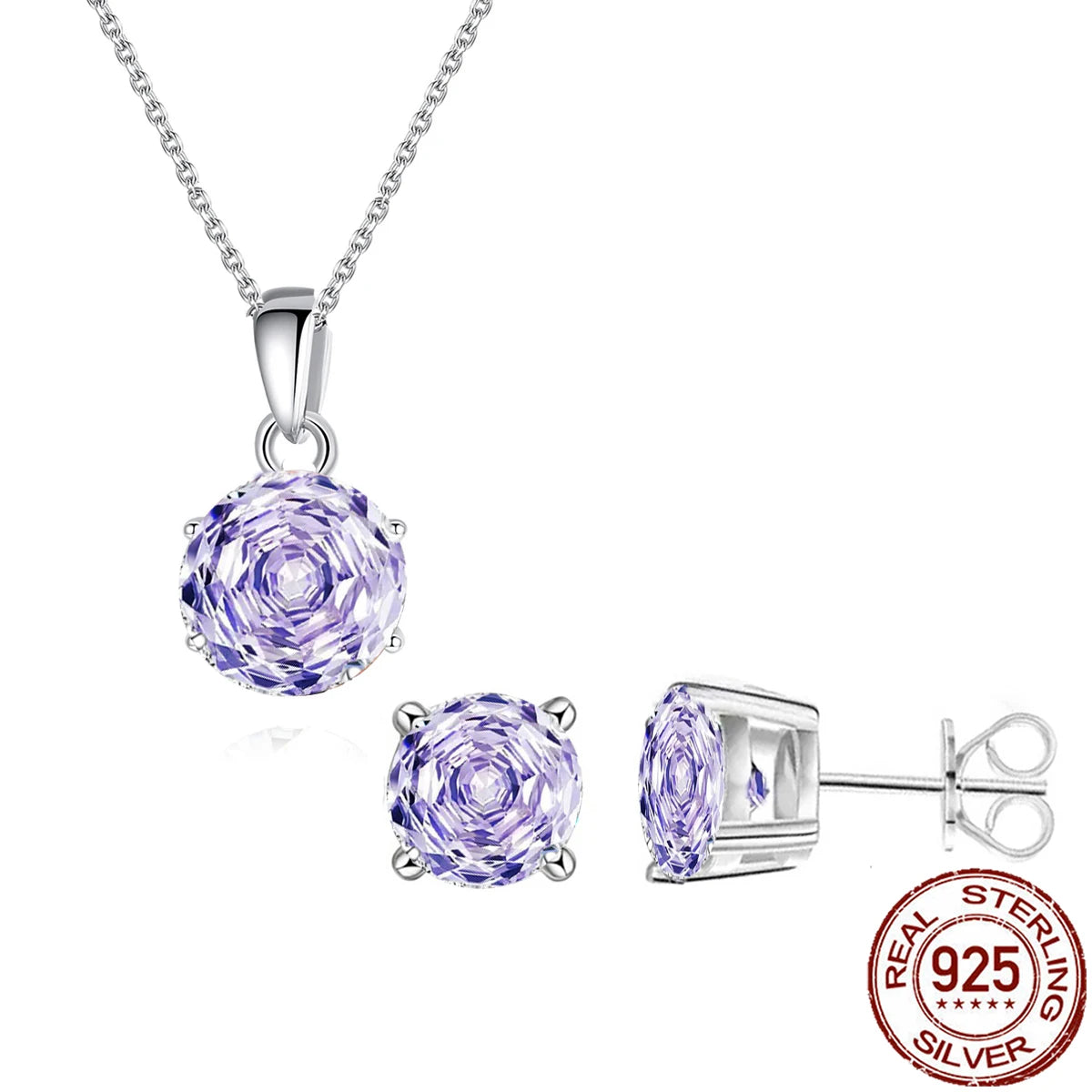 CZ Pendant Earrings Purple Zircon Round Rose Flower Cut Necklace Earrings for Girl Daily Wear 925 Sterling Silver Jewelry Set