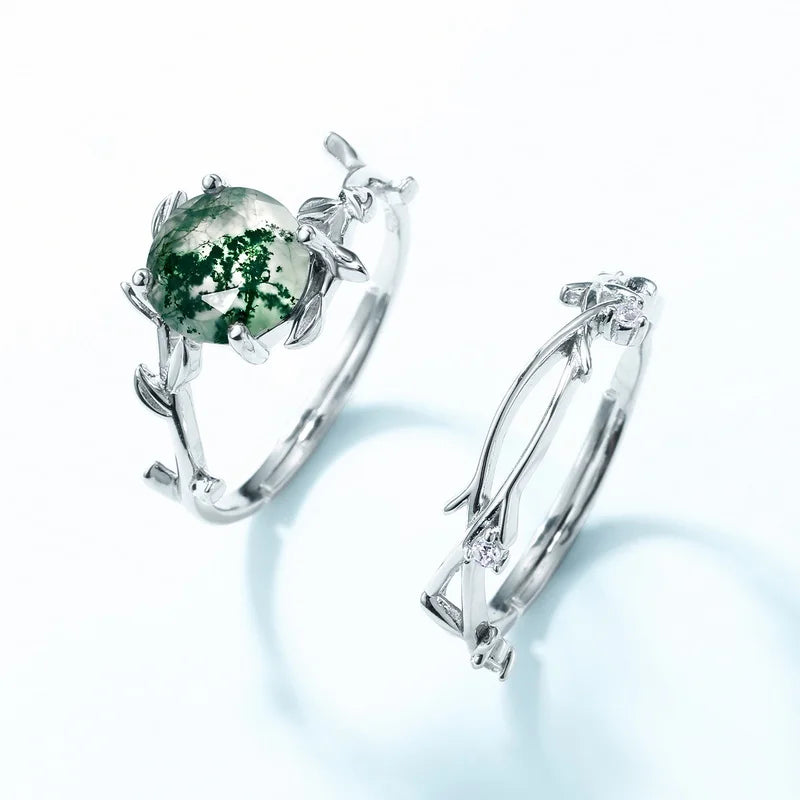 Twig Branch Moss Agate Adjustable Ring — round faceted natural moss agate twig ring in sterling silver, view 3 of 4