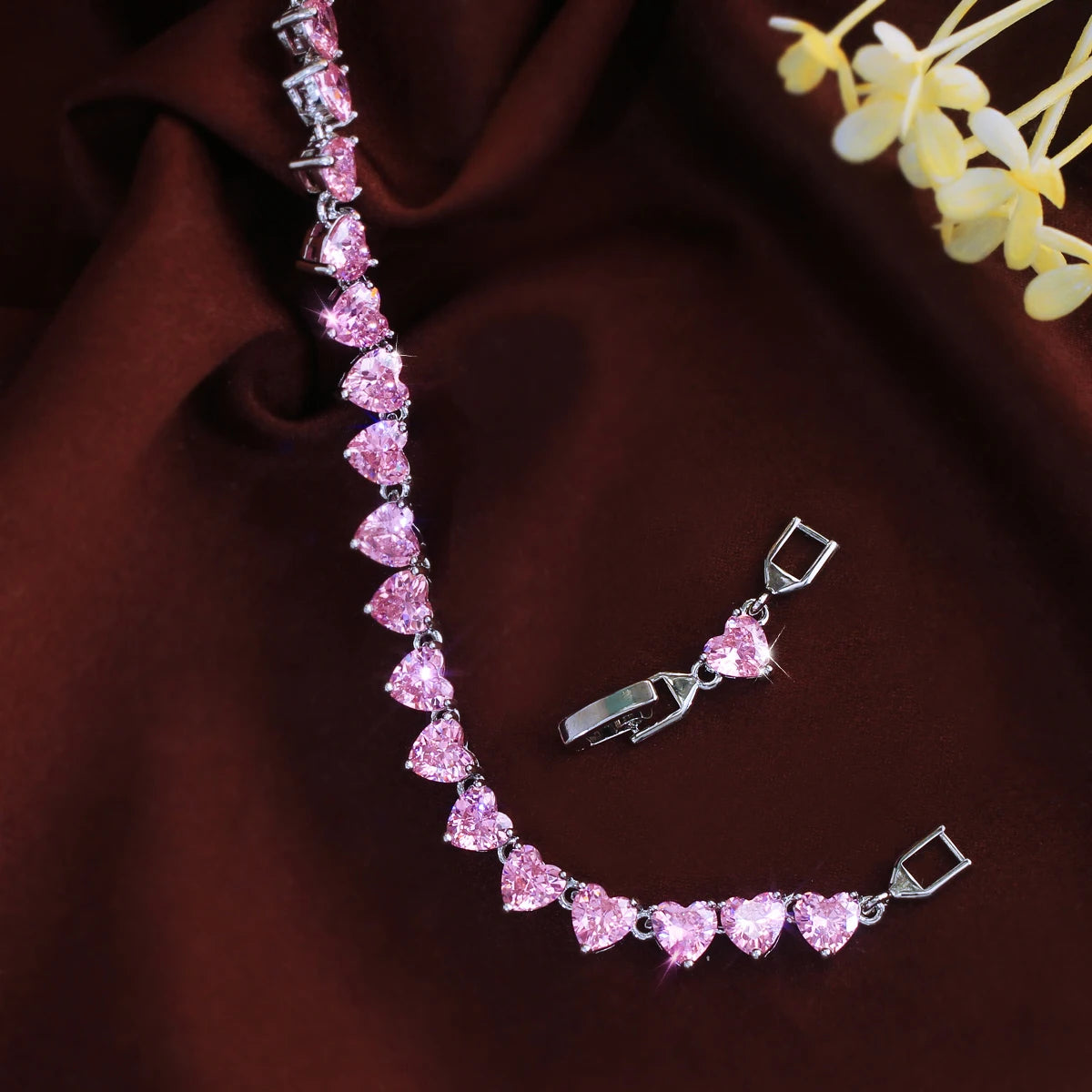 Rhodium Plated Pink CZ Tennis Chain Link Bracelet Zircon Love Heart Shaped Bracelet for Women Girl Party Fashion Beauty Gift