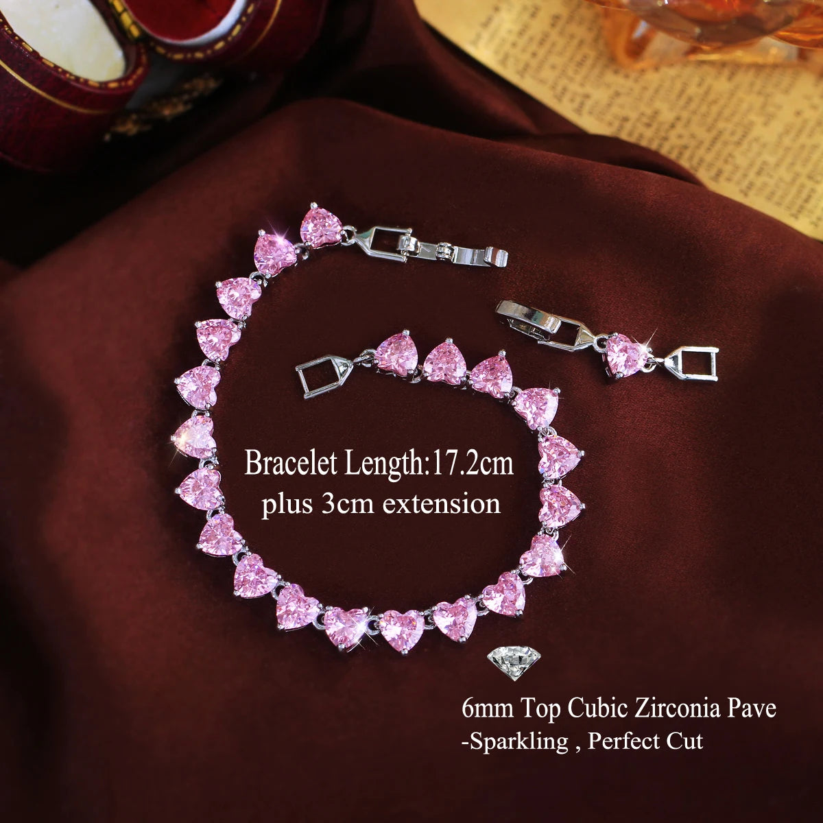 Rhodium Plated Pink CZ Tennis Chain Link Bracelet Zircon Love Heart Shaped Bracelet for Women Girl Party Fashion Beauty Gift