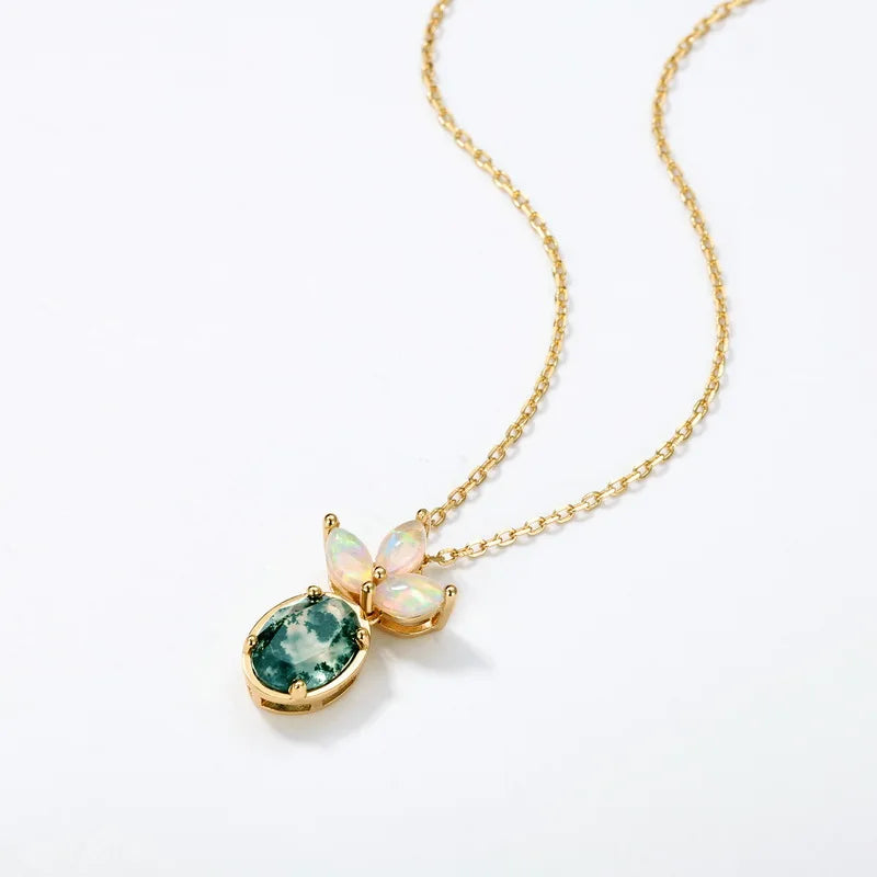 Oval Moss Agate Opal Pendant Necklace — oval-cut natural moss agate with opal accent in gold-plated sterling silver, view 2 of 5