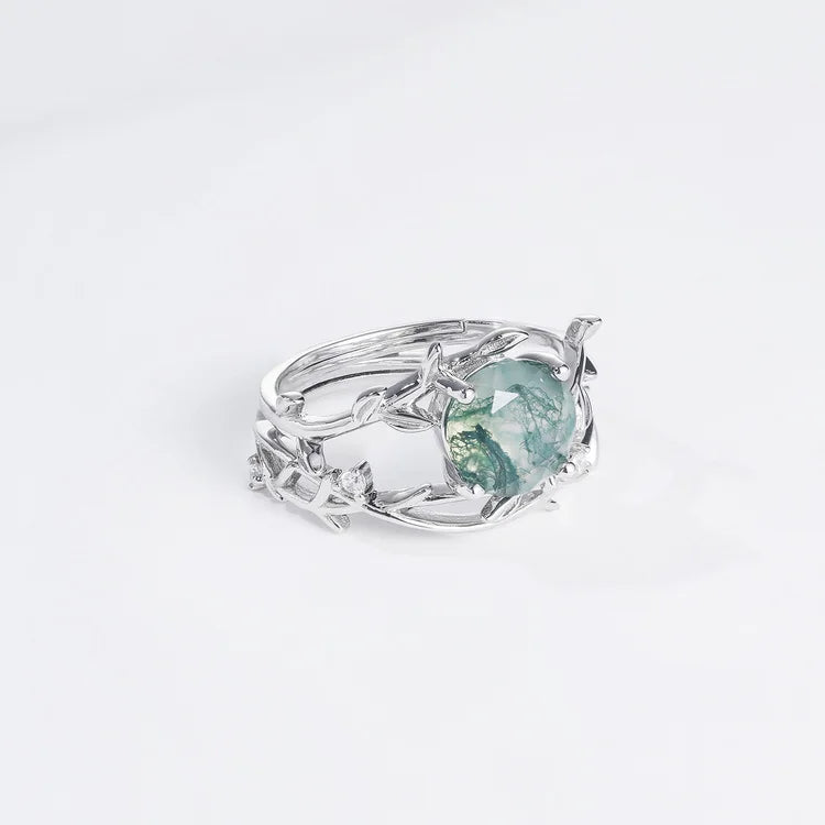 Twig Branch Moss Agate Adjustable Ring — round faceted natural moss agate twig ring in sterling silver, view 4 of 4
