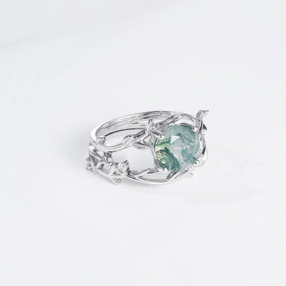 Twig Branch Moss Agate Adjustable Ring — round faceted natural moss agate twig ring in sterling silver, view 4 of 4