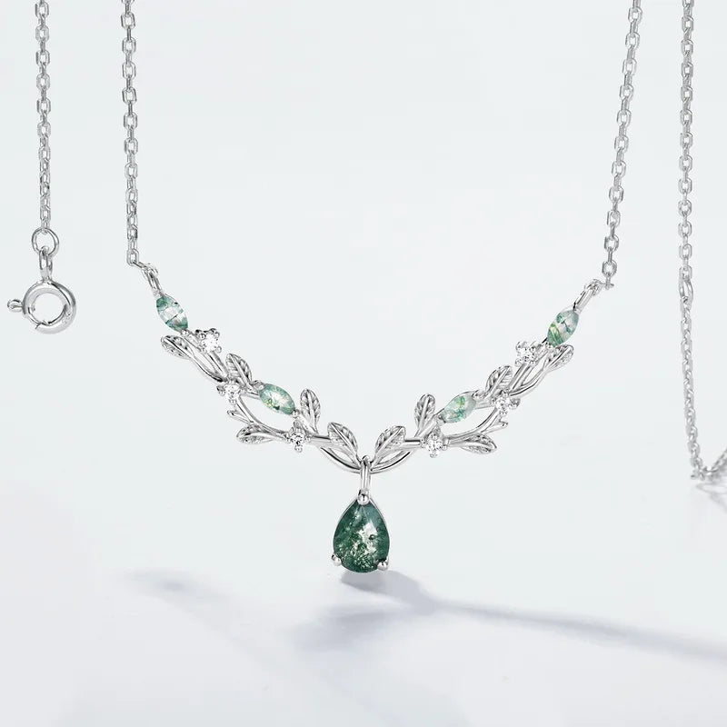Vine Branch Moss Agate Teardrop Necklace — teardrop natural moss agate in sterling silver vine work, view 2 of 5