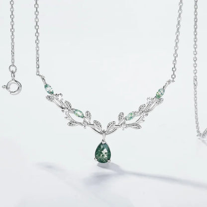 Vine Branch Moss Agate Teardrop Necklace — teardrop natural moss agate in sterling silver vine work, view 2 of 5