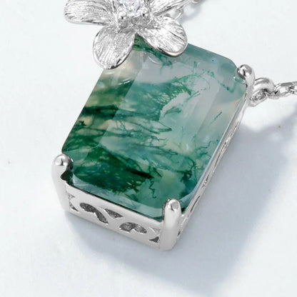 Flower Accent Moss Agate Pendant Necklace — rectangular-cut natural moss agate with flower accent in sterling silver, view 3 of 5