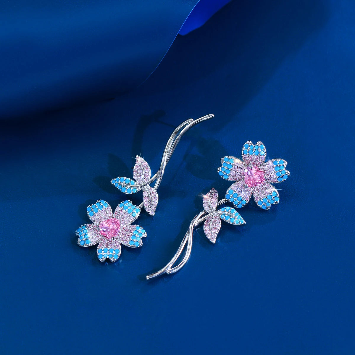 Classy CZ Pink Heart Earrings Turquoise Flower Rhodium Plated Cubic Zircon Dangle Drop Earrings for Women Brides Wedding Jewelry