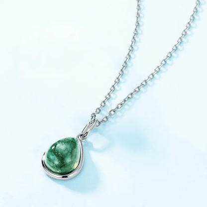 Teardrop Moss Agate Pendant Necklace — pear-cut natural moss agate teardrop in rhodium-plated sterling silver, view 5 of 6