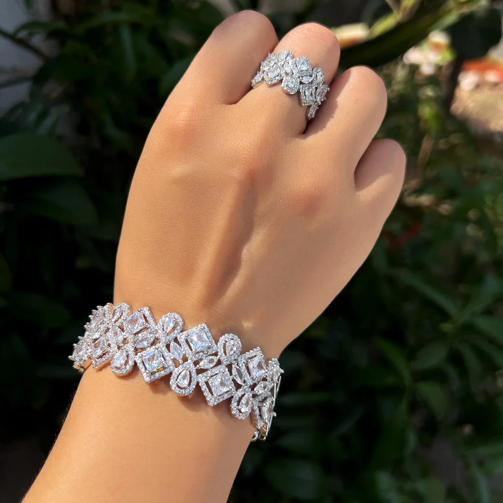Shiny White Best Cubic Zirconia Jewellery Wedding Bridal Luxury Wide Bangle and Ring Jewelry Set for Women Engagement Accessory