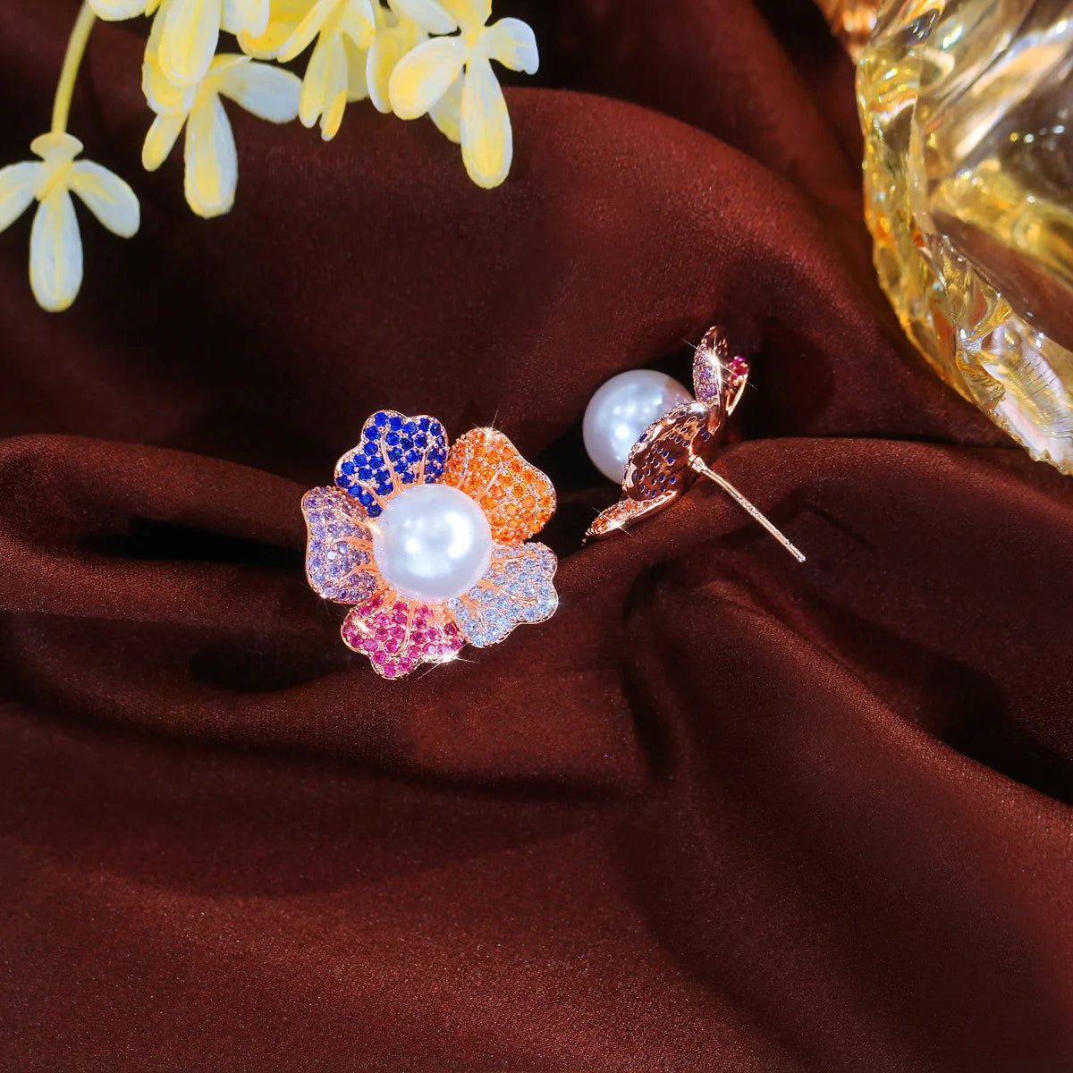 Cute Multicolored CZ Stud Earrings Cubic Zircon Flower Pearl Stud Earrings for Women Party Jewelry With Rose Gold Plated Jewelry
